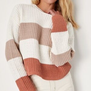 Lulus Moments Of Cozy Ivory Multi Striped Crew Neck Pullover Sweater White